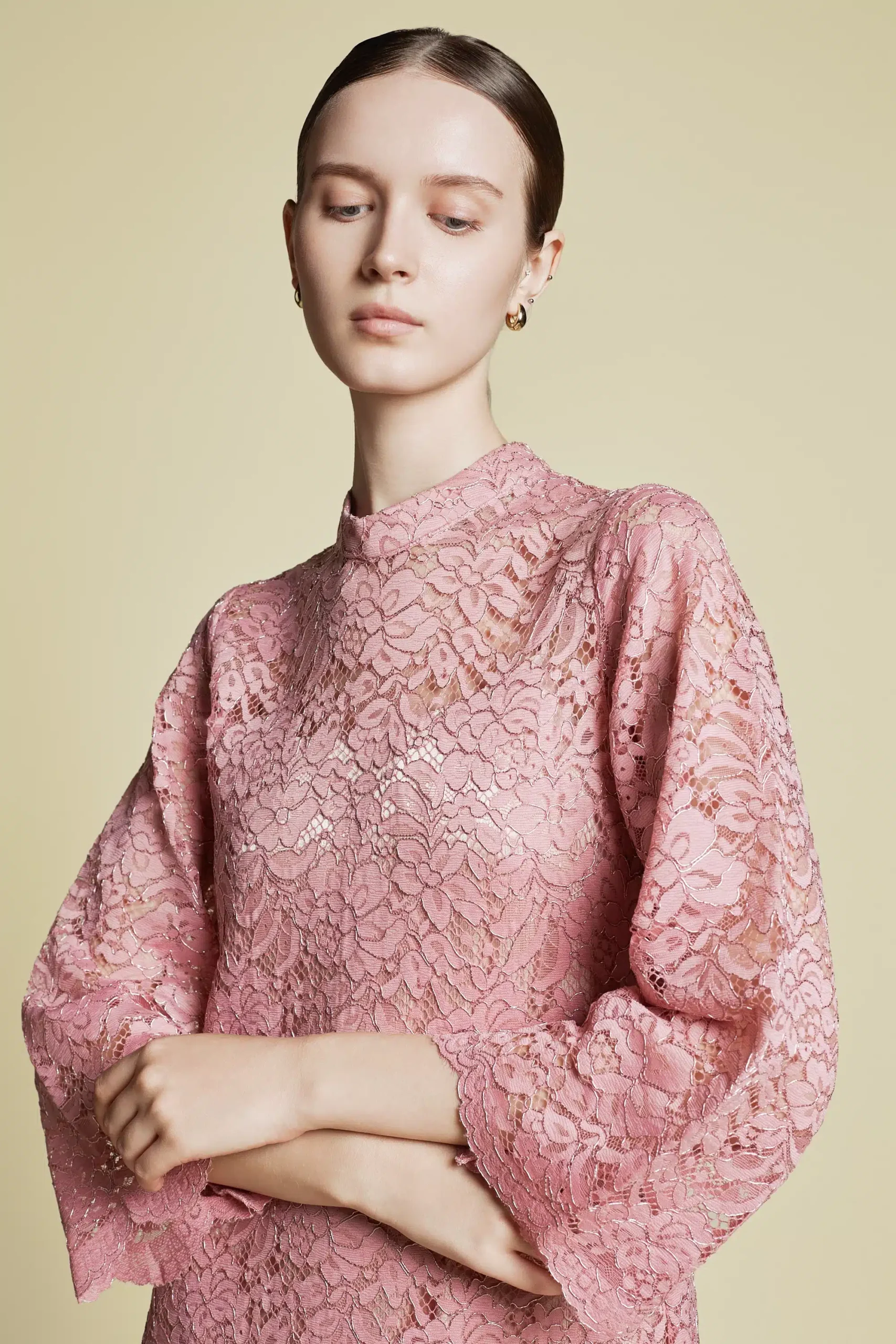LACÉLLE - Semi-Sheer Chemical Lace Straight Kaftan Soft Pink | Signature Collection - Image 5