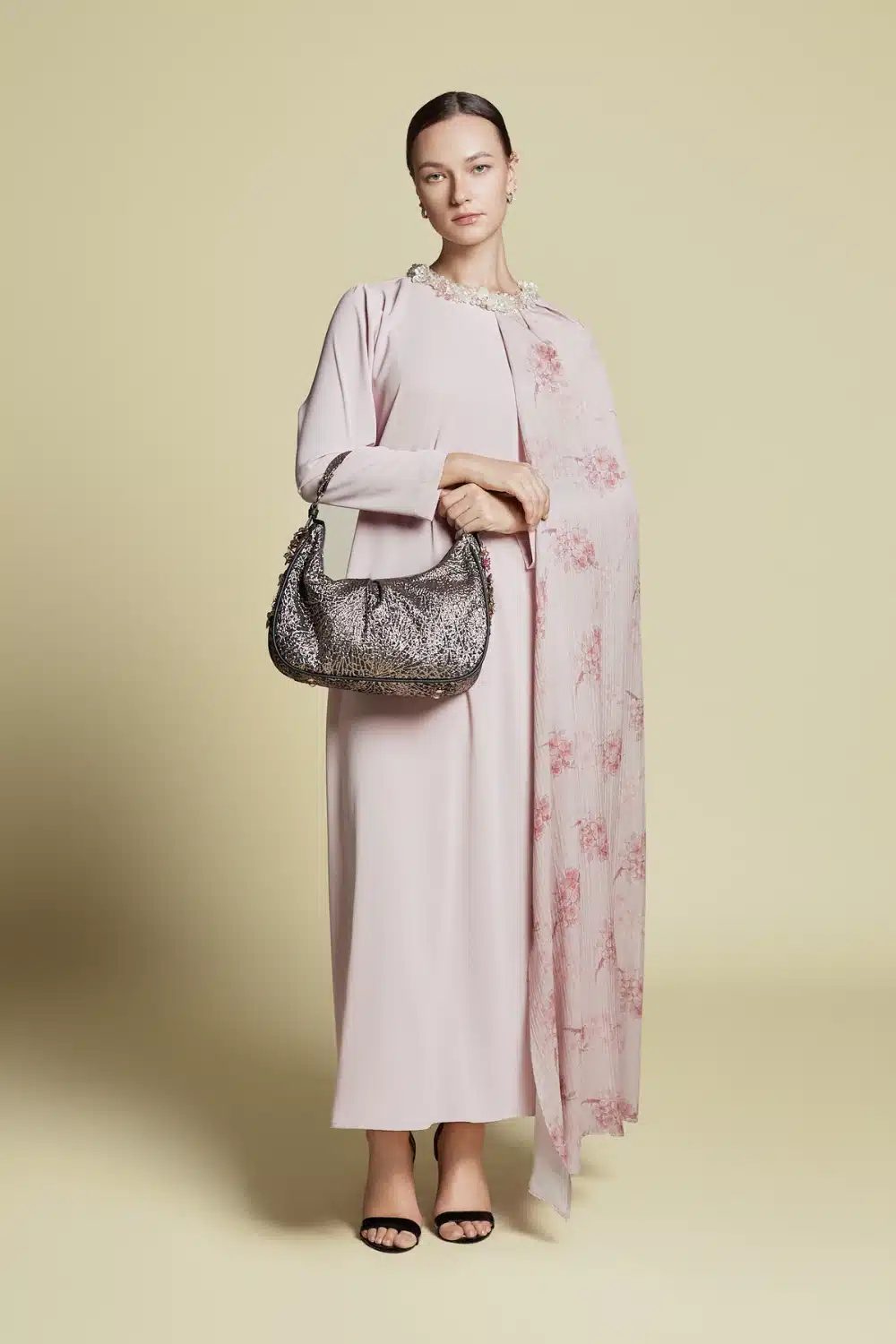 AURÉLLE - Asymmetrical Silk Side-Cape Kaftan Baby Pink | Signature Collection
