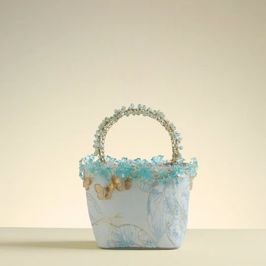 Crystal Embellished Zayra Blue Floral Buket Bag I Signature