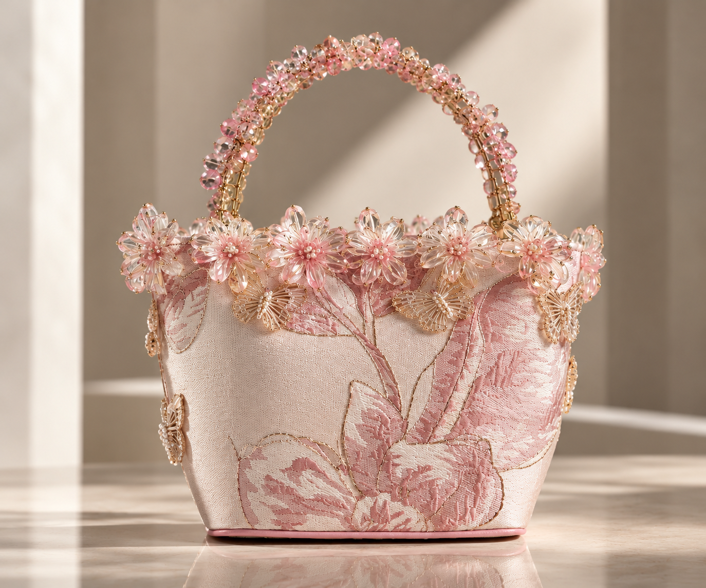 Crystal-Embellished Bucket Bag - Soft Pink