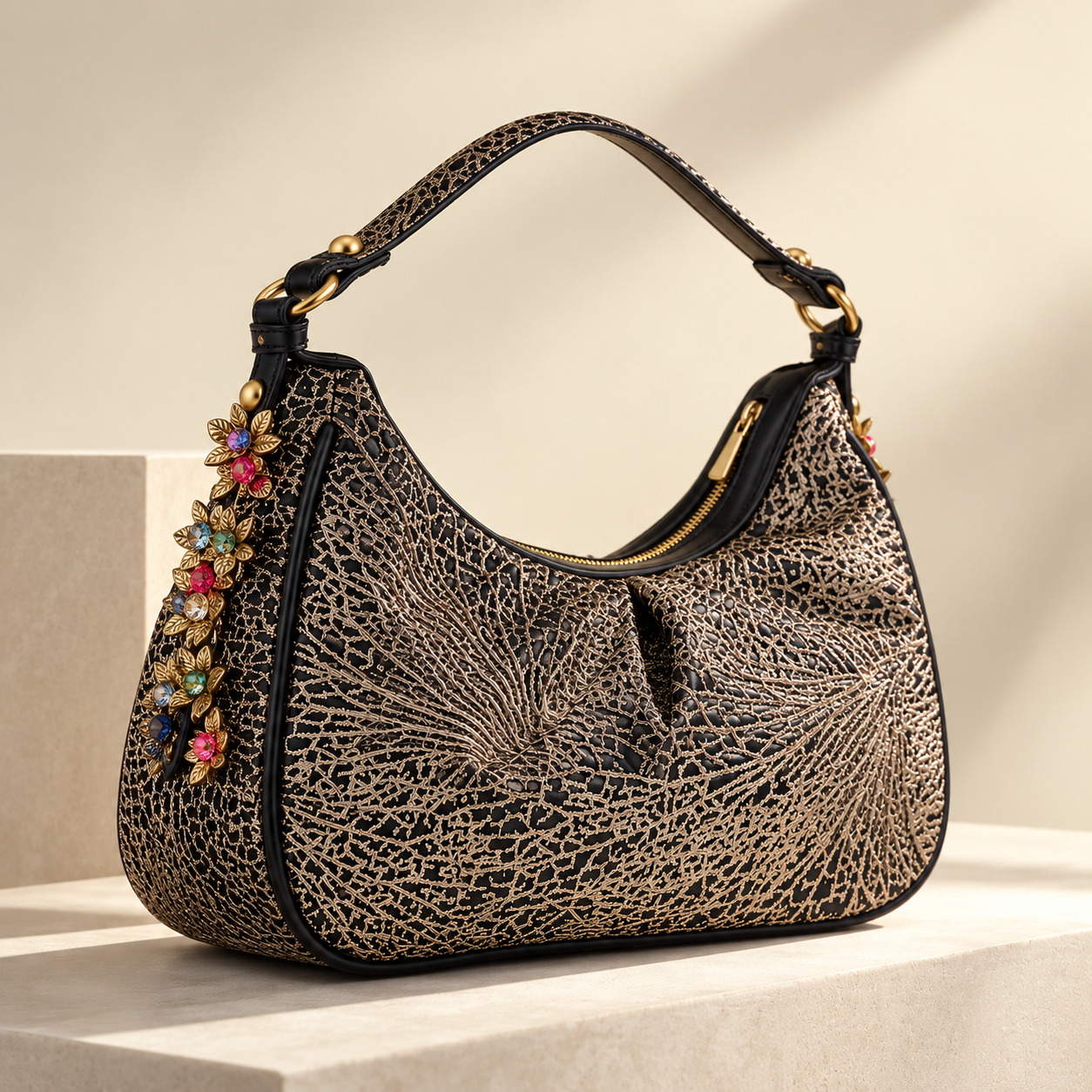 Crystal Embellished Rania Metallic Gold Lurex Tote Bag - Image 4
