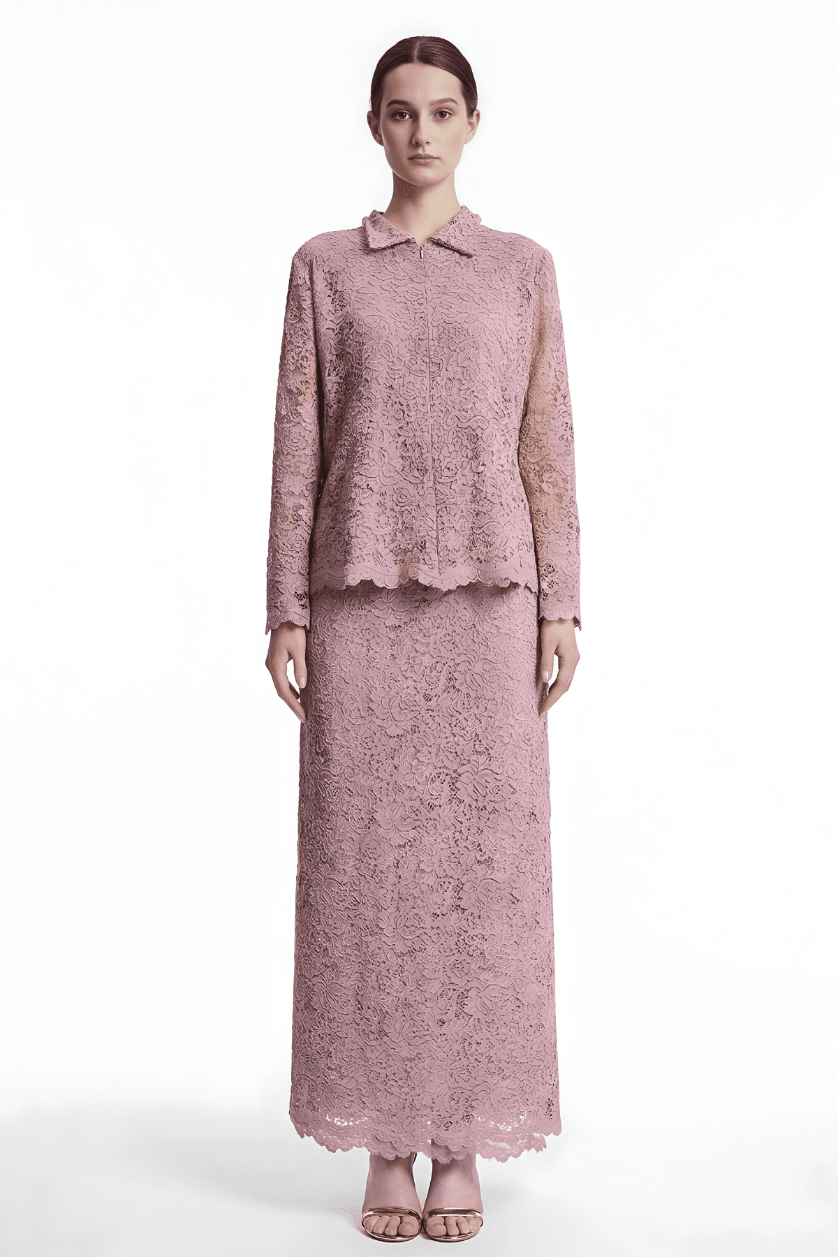 Cotton Lace Jacket-Skirt Set Pink | prive
