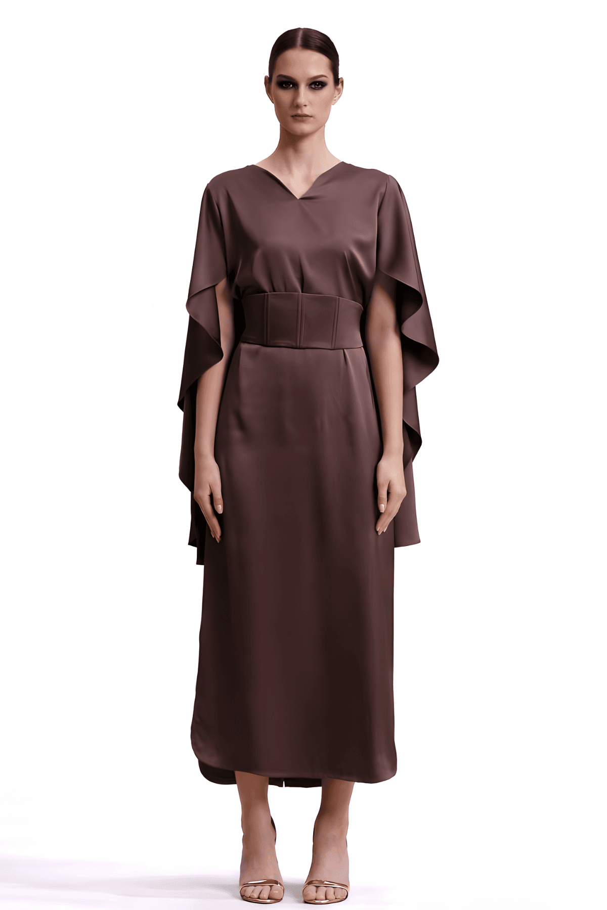 Sienna Mini Cape Belted Slim Caftan Dress Brown | prive