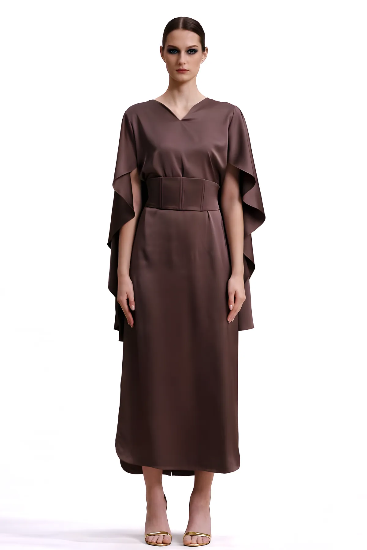 Sienna Mini Cape Belted Slim Caftan Dress Brown | prive