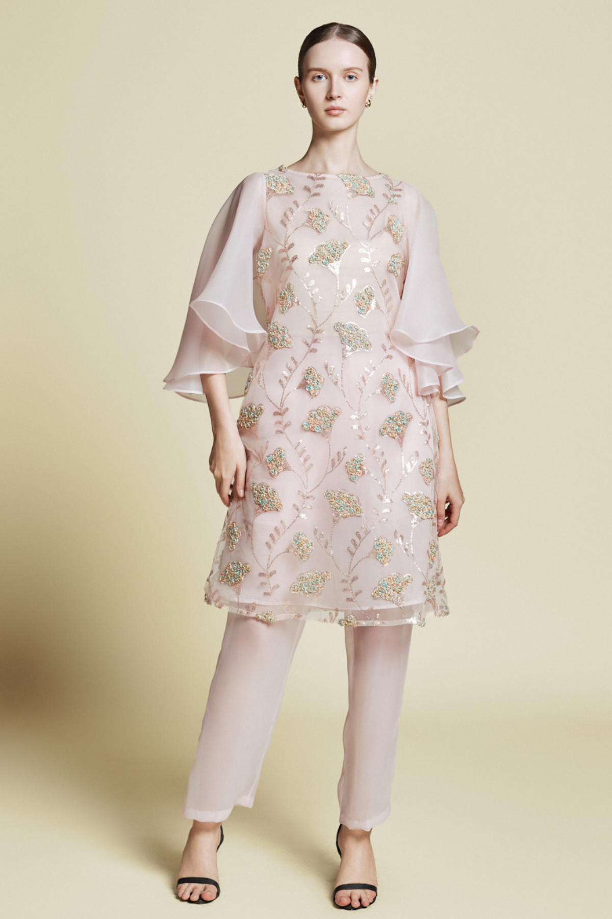 Demure signature | Semi-sheer Sequined Organza Tunic Set Light Pink
