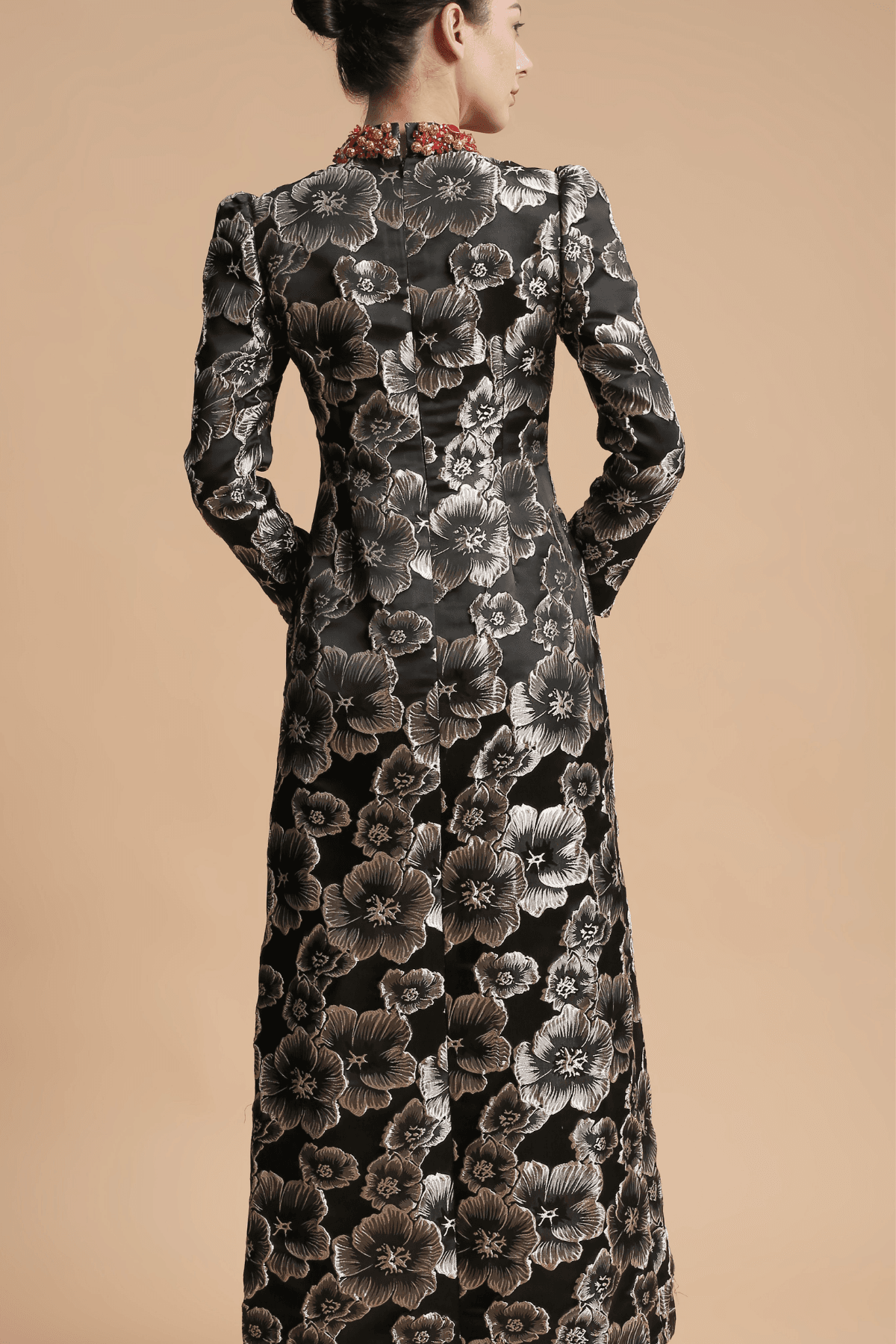 Noctelle Embellished High-Collar Jacquard Dress - Black & Gold - Image 2