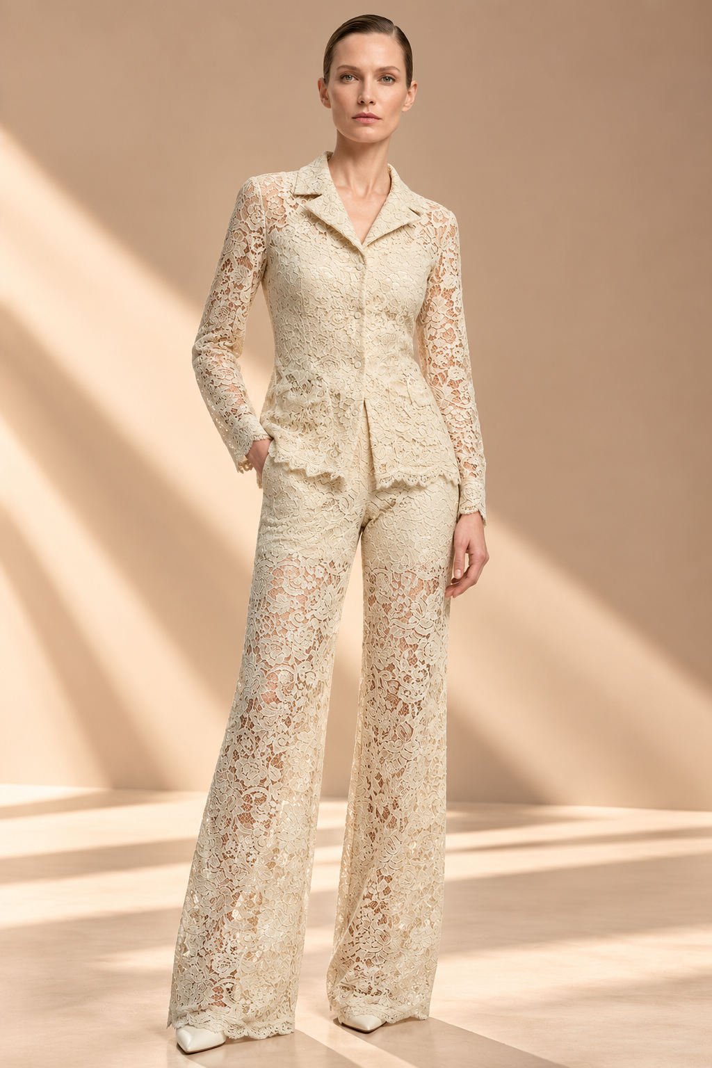 Demure Lace Set with High Rise Flared Pants Olive Green | prive