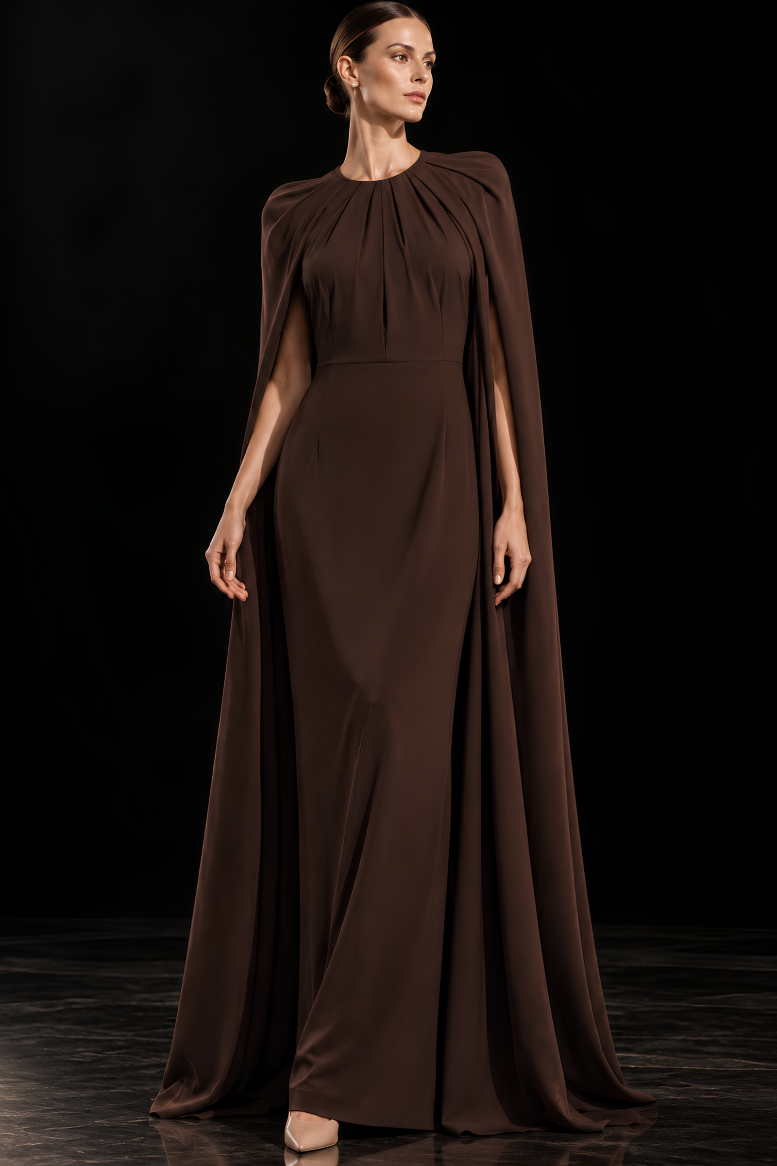 GATHERED-NECK CAPE COLUMN GOWN