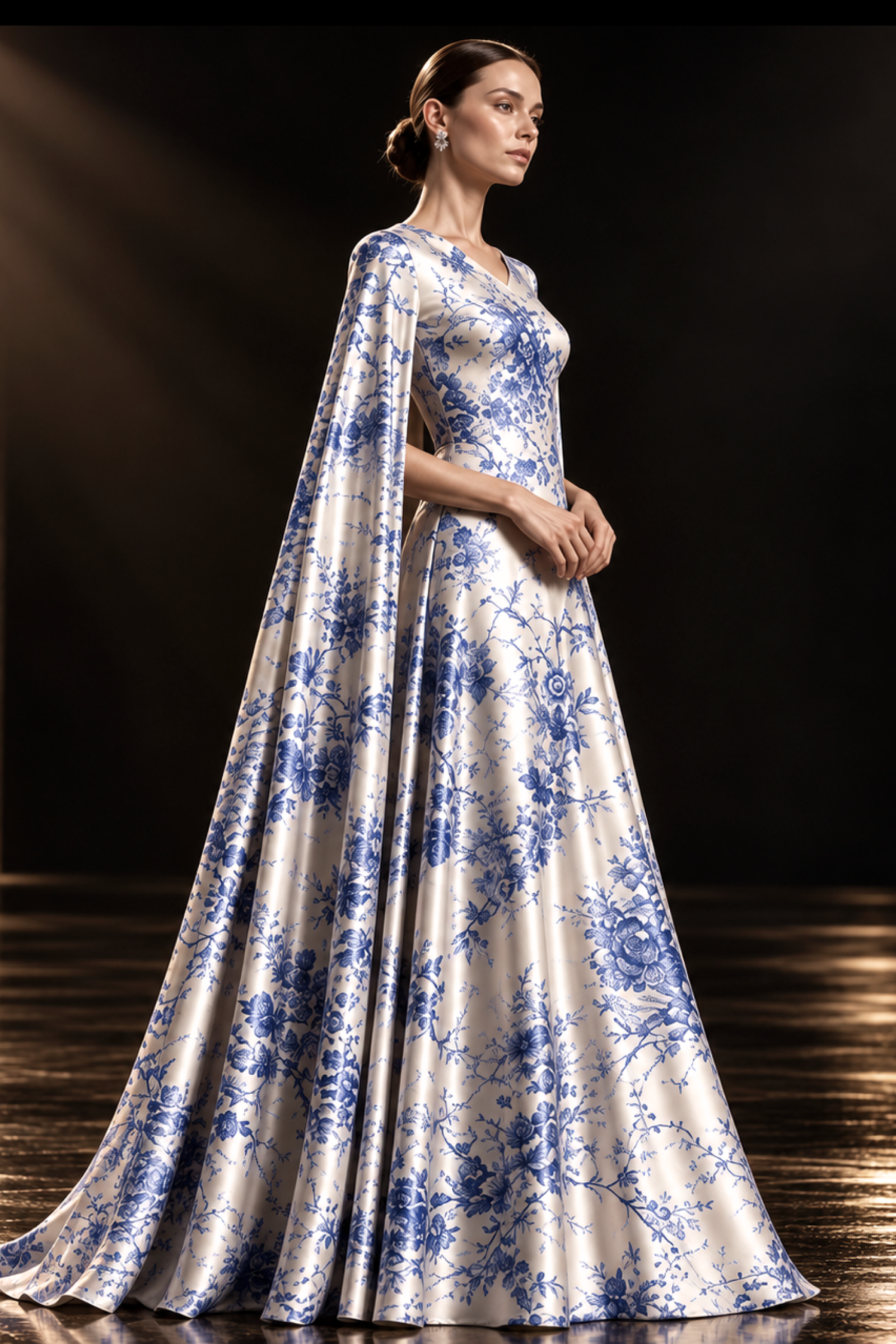 BLUE BOTANICAL SILK ORGANZA CAPE GOWN I COBALT BLUE - Image 1