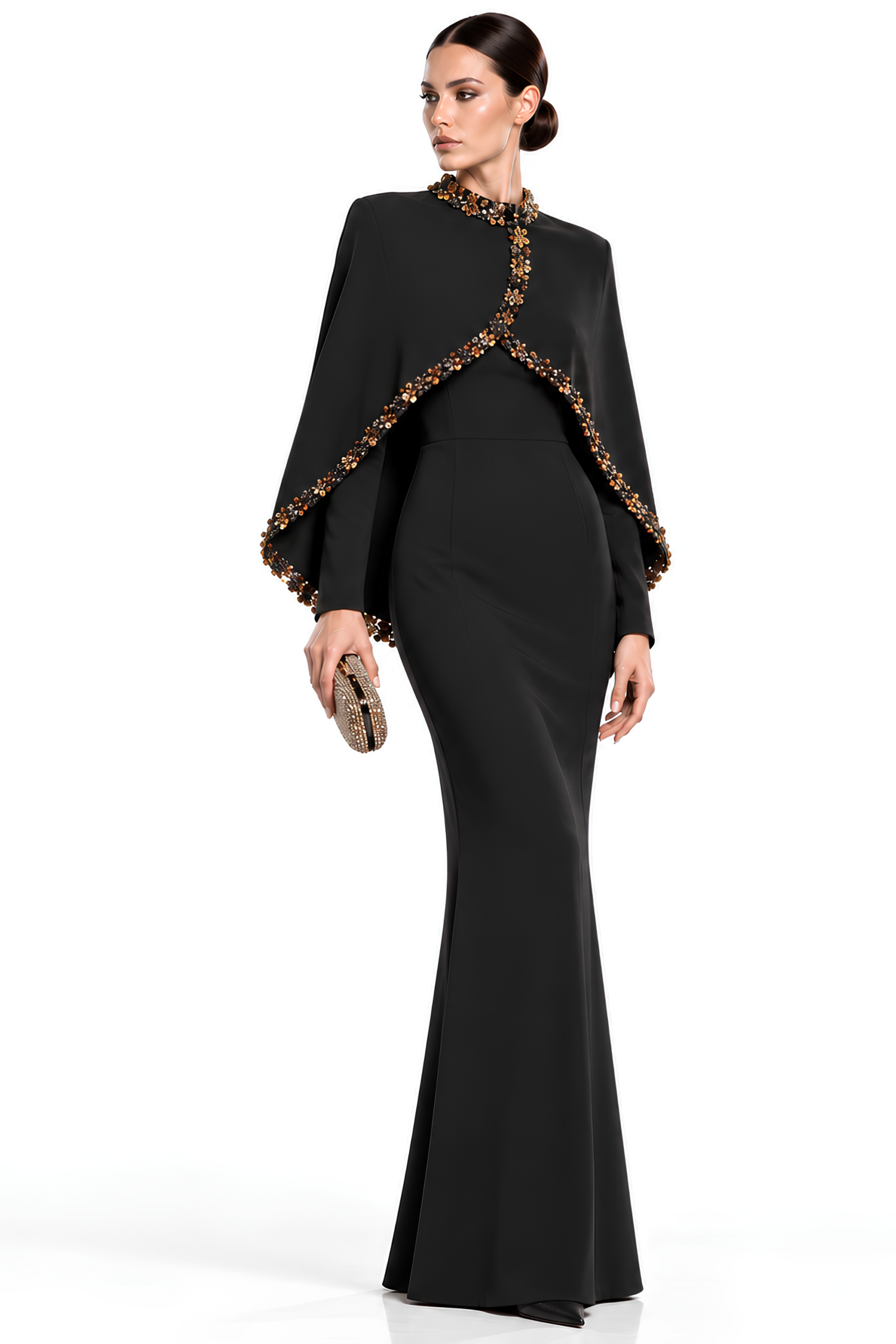 JEWEL-EMBELLISHED CAPE COLUMN GOWN  Black  DEMURE ATELIER - Image 3