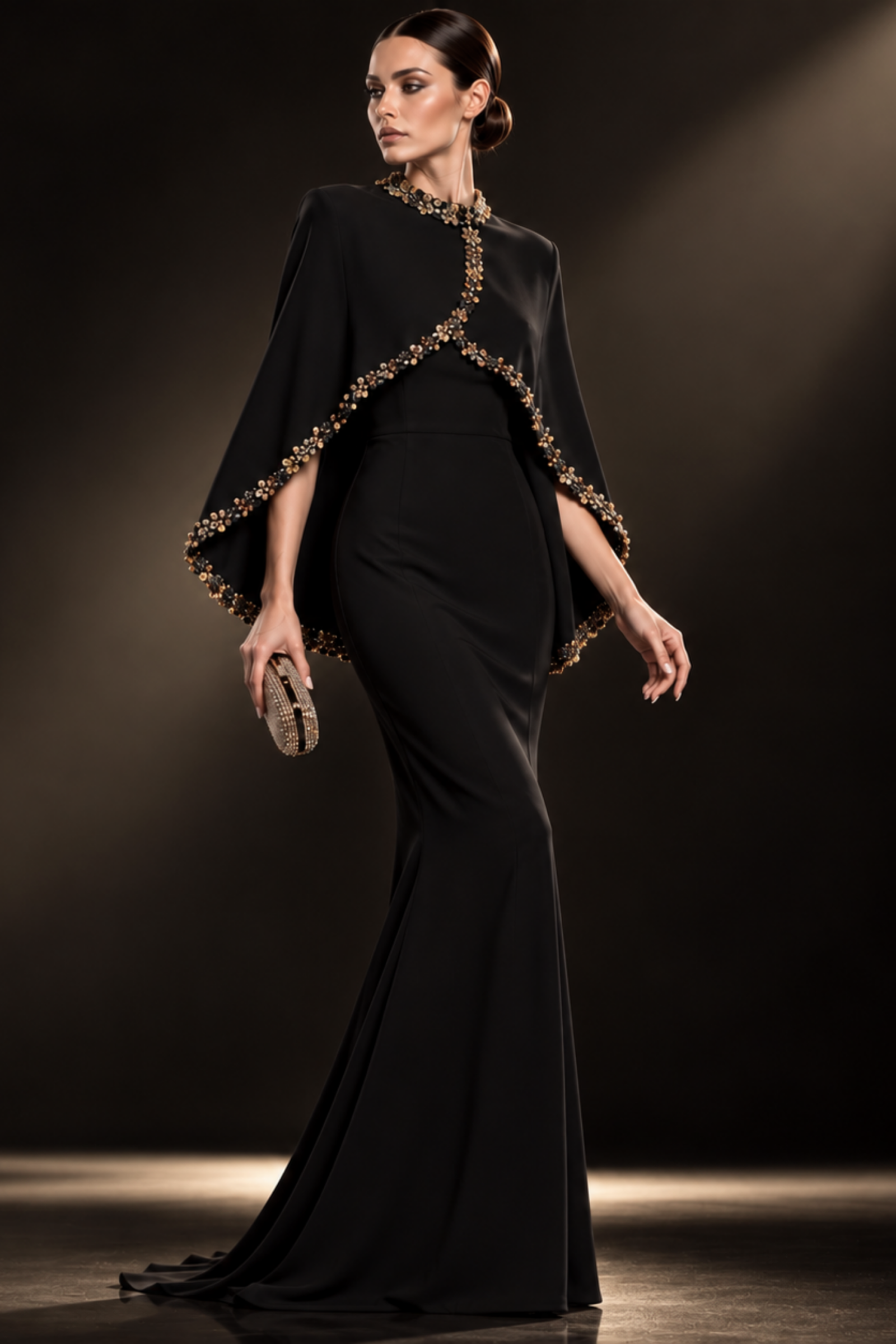 JEWEL-EMBELLISHED CAPE COLUMN GOWN  Black  DEMURE ATELIER - Image 1