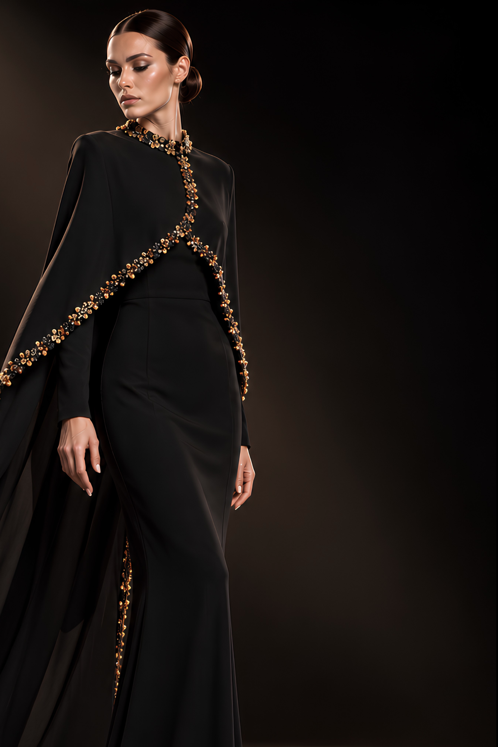 JEWEL-EMBELLISHED CAPE COLUMN GOWN  Black  DEMURE ATELIER - Image 4